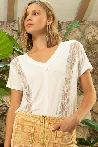 POL Inset Lace Outseam Detail Short Sleeve V-Neck T-Shirt - 1985 the VAULT Boutique