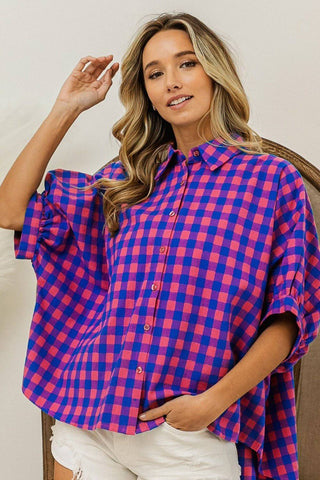 BiBi Plaid Button Up Dolman Sleeve Shirt - 1985 the VAULT Boutique