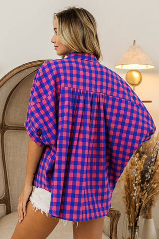 BiBi Plaid Button Up Dolman Sleeve Shirt - 1985 the VAULT Boutique