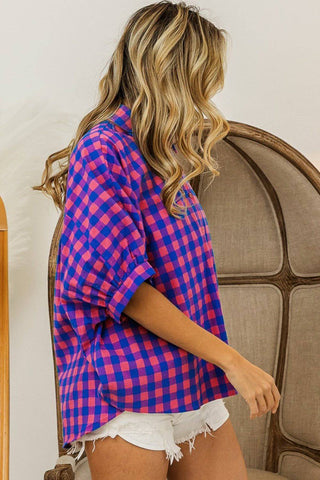 BiBi Plaid Button Up Dolman Sleeve Shirt - 1985 the VAULT Boutique