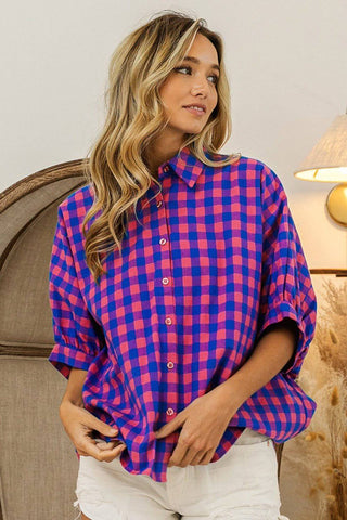 BiBi Plaid Button Up Dolman Sleeve Shirt - 1985 the VAULT Boutique