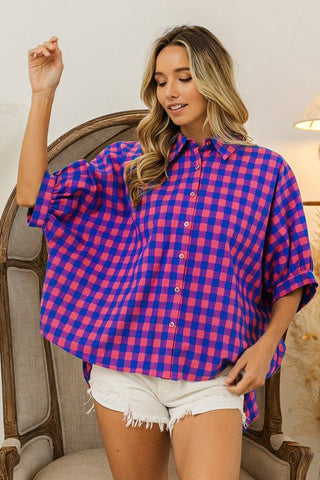 BiBi Plaid Button Up Dolman Sleeve Shirt - 1985 the VAULT Boutique