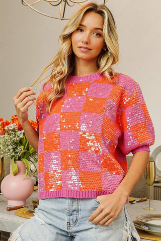 BiBi Checkered Short Sleeve Sequin Sweater - 1985 the VAULT Boutique