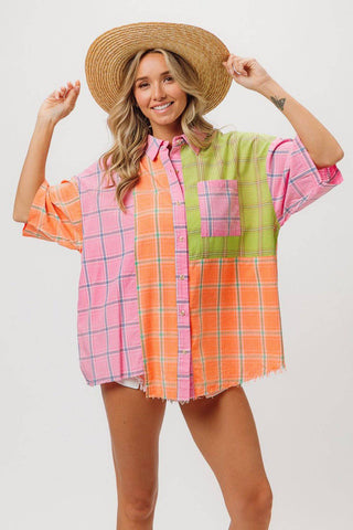 BiBi Plaid Collared Neck Half Sleeve Shirt - 1985 the VAULT Boutique