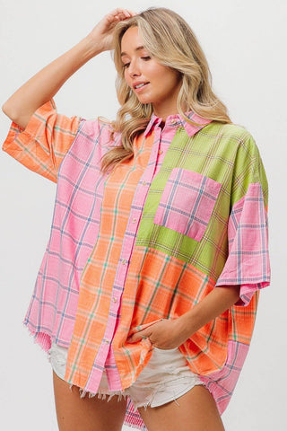 BiBi Plaid Collared Neck Half Sleeve Shirt - 1985 the VAULT Boutique