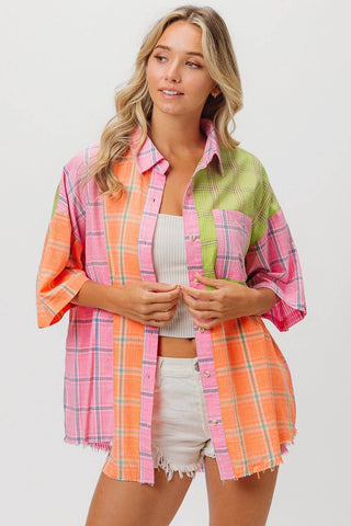 BiBi Plaid Collared Neck Half Sleeve Shirt - 1985 the VAULT Boutique