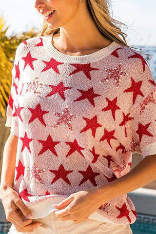 BiBi Star Pattern Round Neck Short Sleeve Knit Top - 1985 the VAULT Boutique