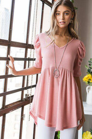 Heimish Full Size Waffle Knit V-Neck Babydoll Top - 1985 the VAULT Boutique