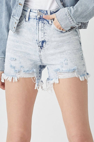 RISEN Raw Hem Distressed High Rise Denim Shorts - 1985 the VAULT Boutique