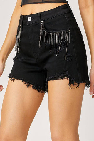 RISEN Frayed Hem Denim Shorts with Fringe Detail Pockets - 1985 the VAULT Boutique