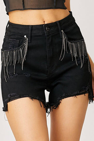 RISEN Frayed Hem Denim Shorts with Fringe Detail Pockets - 1985 the VAULT Boutique