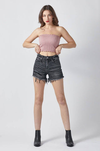 RISEN Raw Hem Denim Shorts with Pockets - 1985 the VAULT Boutique