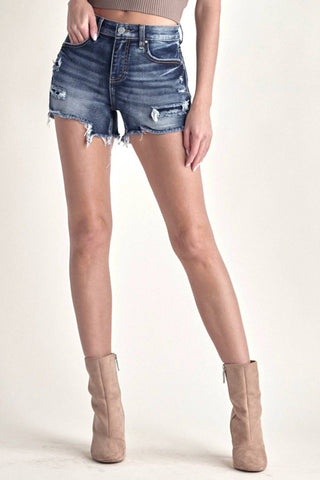 RISEN Mid Rise Raw Hem Denim Shorts - 1985 the VAULT Boutique