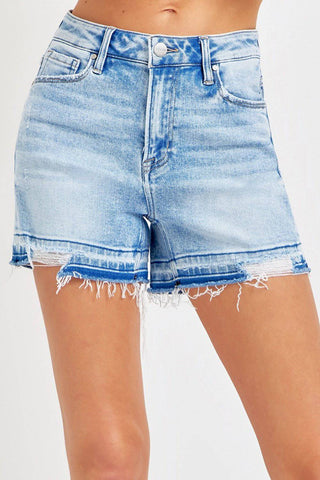 RISEN High Rise Distressed Hem Denim Shorts - 1985 the VAULT Boutique