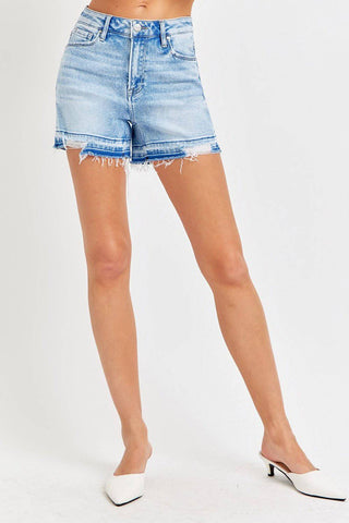 RISEN High Rise Distressed Hem Denim Shorts - 1985 the VAULT Boutique