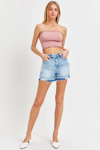 RISEN High Rise Distressed Hem Denim Shorts - 1985 the VAULT Boutique