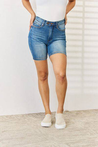 Judy Blue Full Size Tummy Control Double Button Bermuda Denim Shorts - 1985 the VAULT Boutique