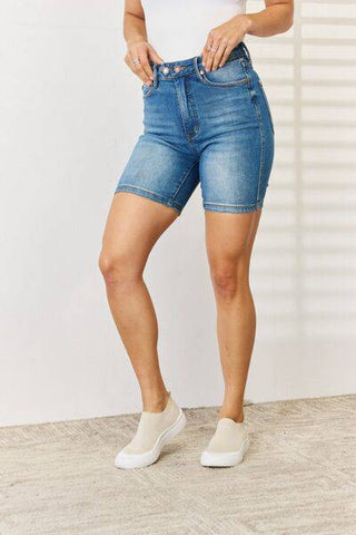 Judy Blue Full Size Tummy Control Double Button Bermuda Denim Shorts - 1985 the VAULT Boutique