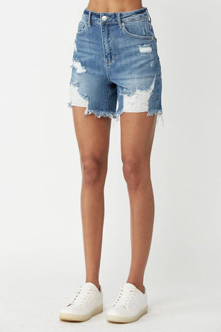 RISEN High Waisted Distressed Denim Shorts - 1985 the VAULT Boutique