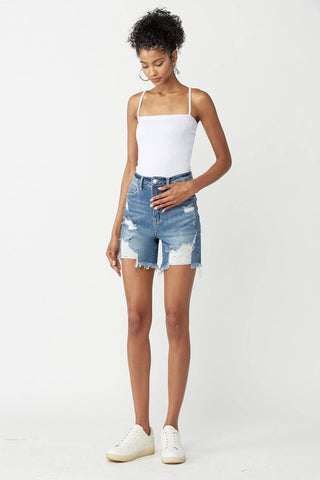 RISEN High Waisted Distressed Denim Shorts - 1985 the VAULT Boutique