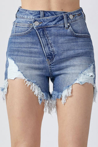 RISEN Raw Hem Asymmetrical Waist Denim Shorts - 1985 the VAULT Boutique