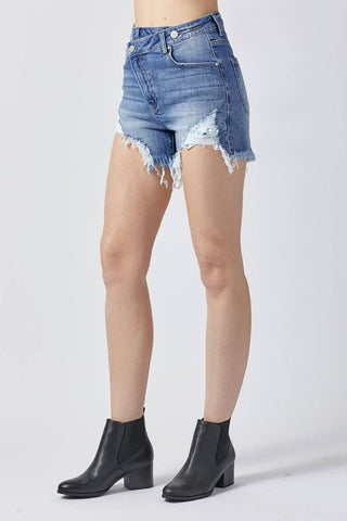 RISEN Raw Hem Asymmetrical Waist Denim Shorts - 1985 the VAULT Boutique