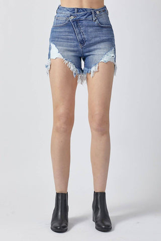 RISEN Raw Hem Asymmetrical Waist Denim Shorts - 1985 the VAULT Boutique