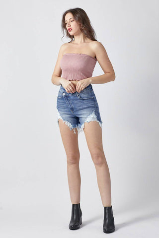 RISEN Raw Hem Asymmetrical Waist Denim Shorts - 1985 the VAULT Boutique