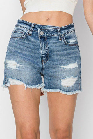 RISEN Stepped Waist Frayed Denim Shorts - 1985 the VAULT Boutique