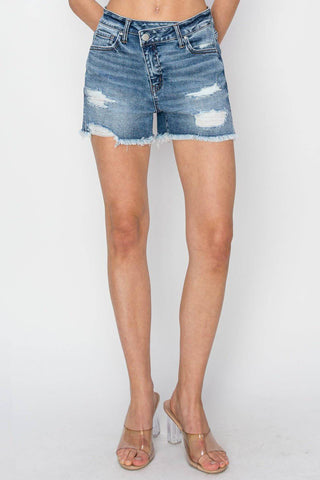 RISEN Stepped Waist Frayed Denim Shorts - 1985 the VAULT Boutique