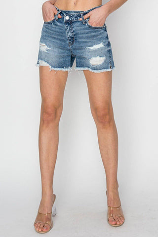 RISEN Stepped Waist Frayed Denim Shorts - 1985 the VAULT Boutique