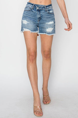 RISEN Stepped Waist Frayed Denim Shorts - 1985 the VAULT Boutique