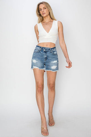 RISEN Stepped Waist Frayed Denim Shorts - 1985 the VAULT Boutique