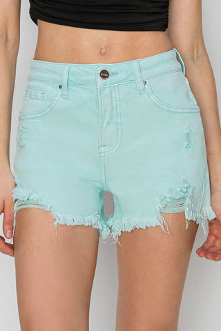 RISEN Mid Waist Frayed Hem Denim Shorts - 1985 the VAULT Boutique