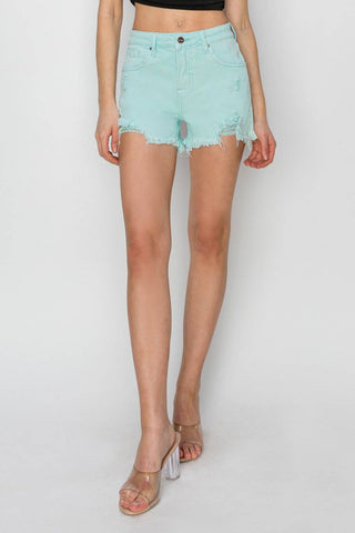 RISEN Mid Waist Frayed Hem Denim Shorts - 1985 the VAULT Boutique