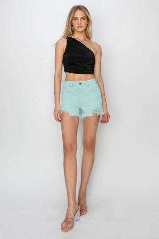 RISEN Mid Waist Frayed Hem Denim Shorts - 1985 the VAULT Boutique