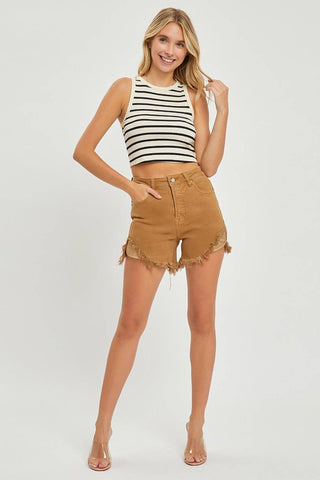 RISEN High Waist Frayed Hem Denim Shorts - 1985 the VAULT Boutique