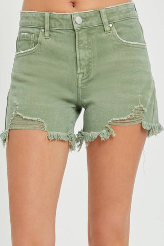 RISEN Mid Waist Frayed Hem Denim Shorts - 1985 the VAULT Boutique