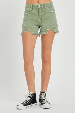 RISEN Mid Waist Frayed Hem Denim Shorts - 1985 the VAULT Boutique