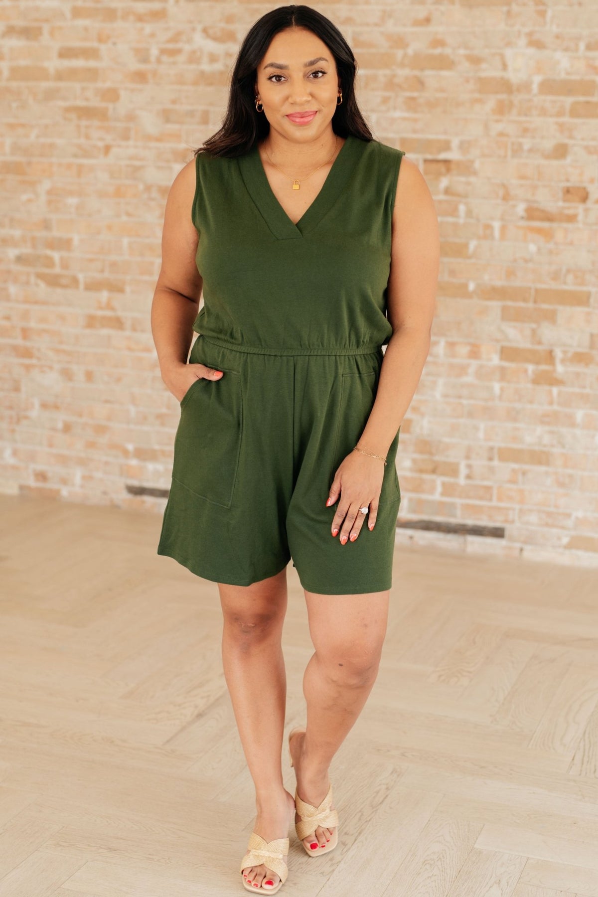 Sleeveless V - Neck Romper in Army Green - Happily Ever Atchison Shop Co.