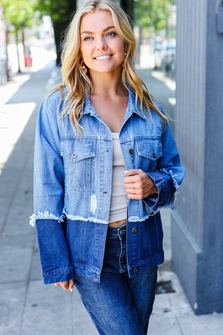 Blue Color Block Distressed Denim Jacket - 1985 the VAULT Boutique