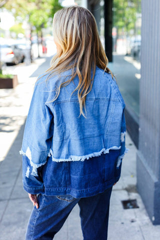 Blue Color Block Distressed Denim Jacket - 1985 the VAULT Boutique