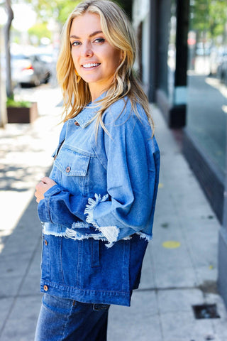 Blue Color Block Distressed Denim Jacket - 1985 the VAULT Boutique