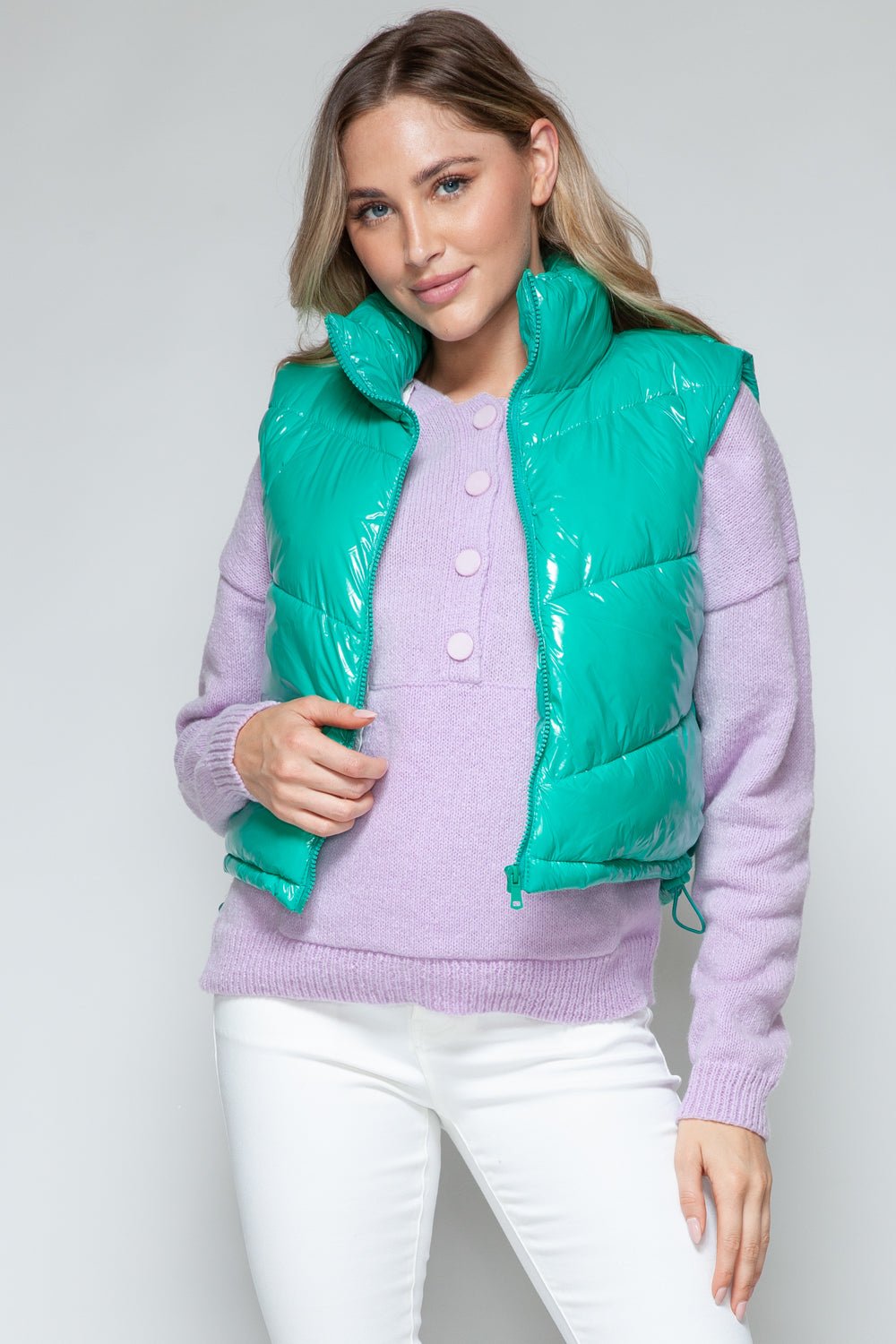 Snobbish Zip Up Turtleneck Shiny Quilted Vest - Happily Ever Atchison Shop Co.