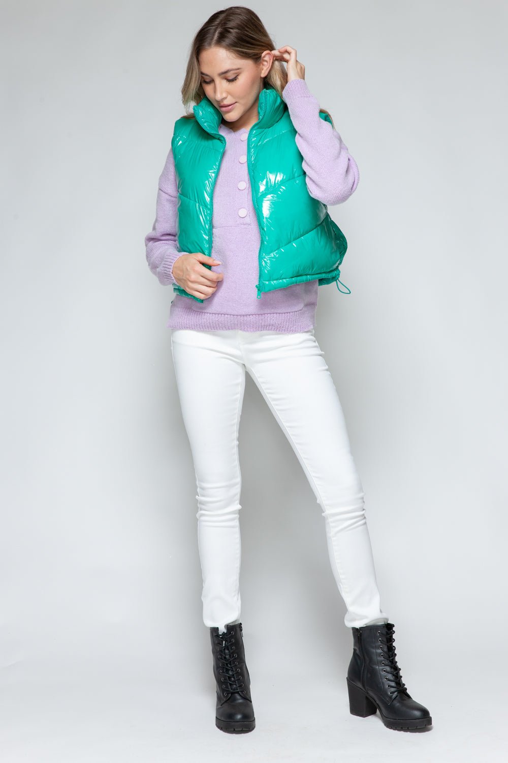 Snobbish Zip Up Turtleneck Shiny Quilted Vest - Happily Ever Atchison Shop Co.