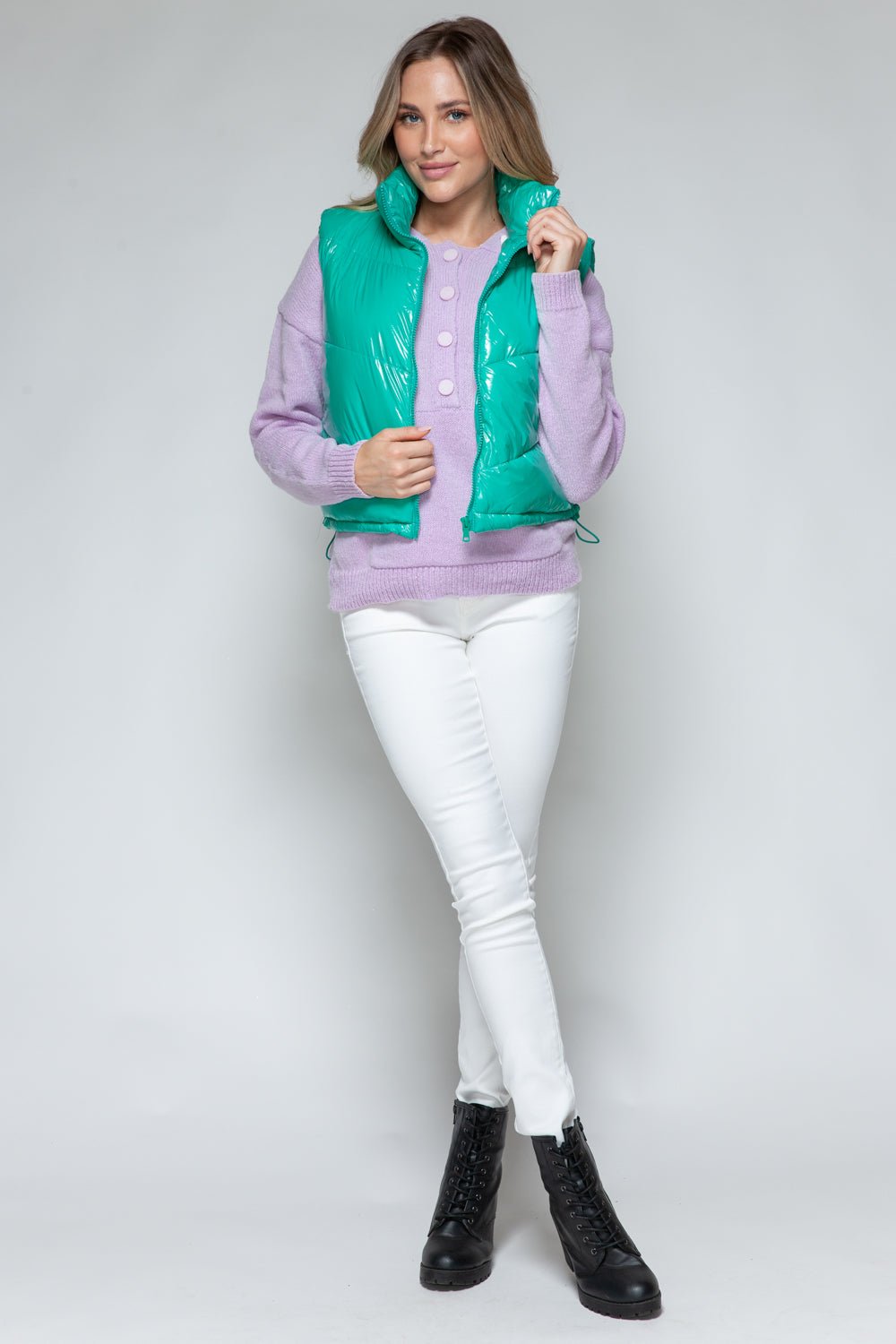 Snobbish Zip Up Turtleneck Shiny Quilted Vest - Happily Ever Atchison Shop Co.