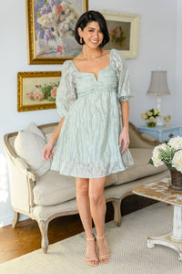 Spotting Fairies Puff Sleeve Dress in Sage - Happily Ever Atchison Shop Co.