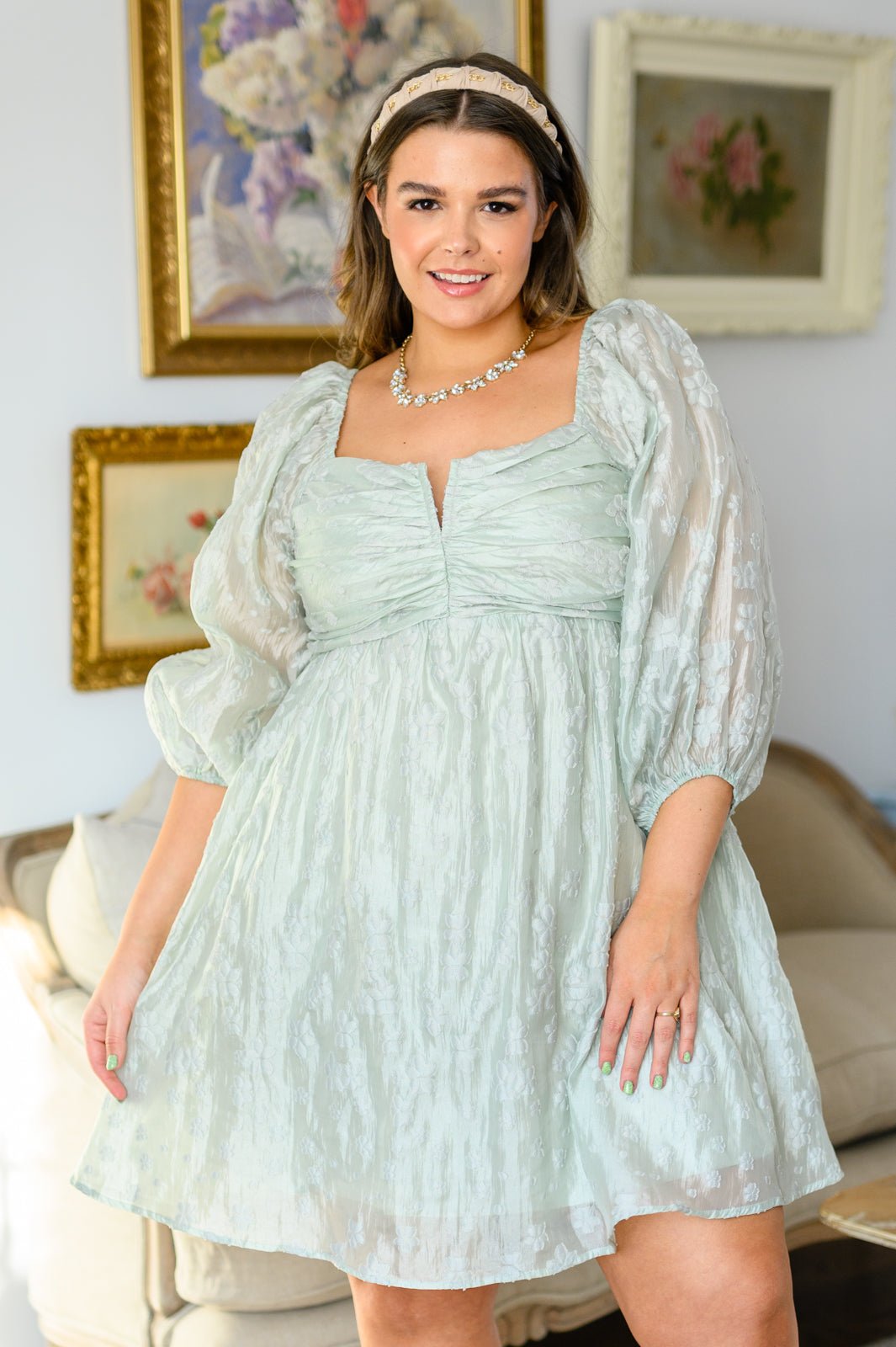 Spotting Fairies Puff Sleeve Dress in Sage - Happily Ever Atchison Shop Co.