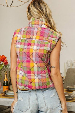 BiBi Quilted Washed Plaid Snap Down Vest - 1985 the VAULT Boutique