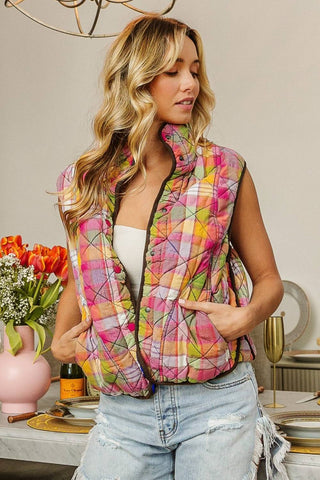 BiBi Quilted Washed Plaid Snap Down Vest - 1985 the VAULT Boutique